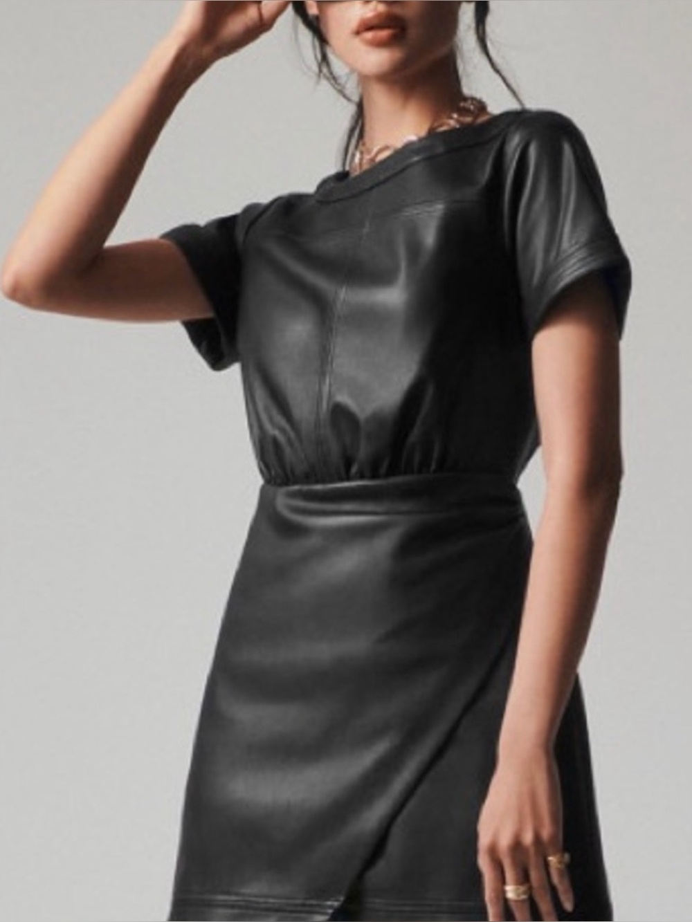 By Anthropology Black Vegan Leather Wrap Short Slv Gathered WaistMini Sz 6 Dress